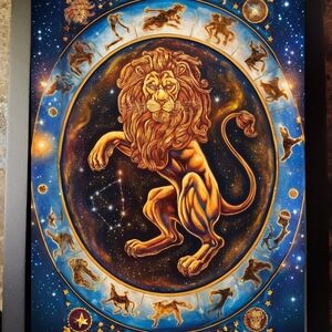 Majestic Lion Zodiac Wall Art - Blue and Gold In A Glass Front Frame 8x10
